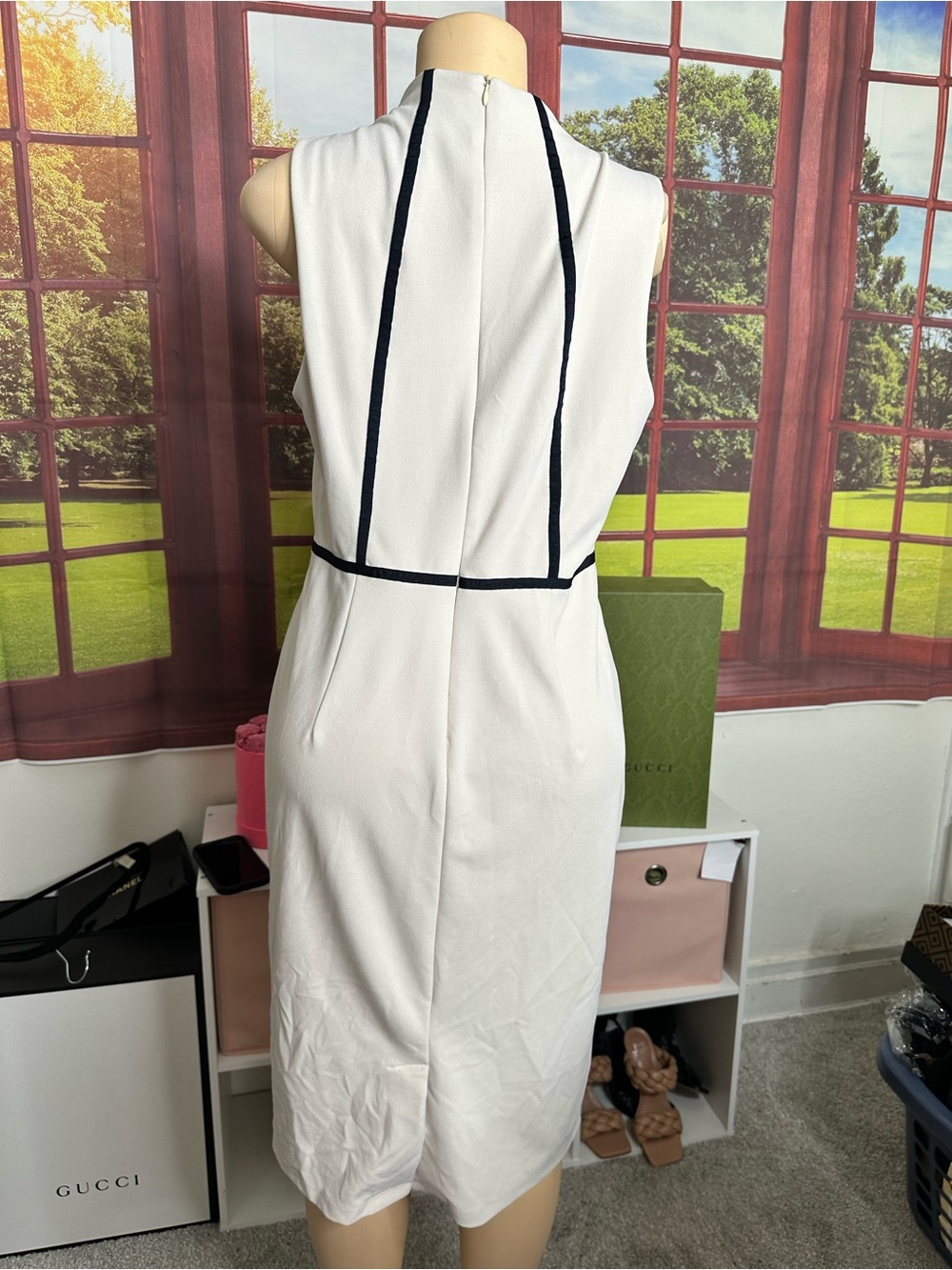 Donna Morgan White Midi Sheath Dress with Black Trim - Picture 3 of 4